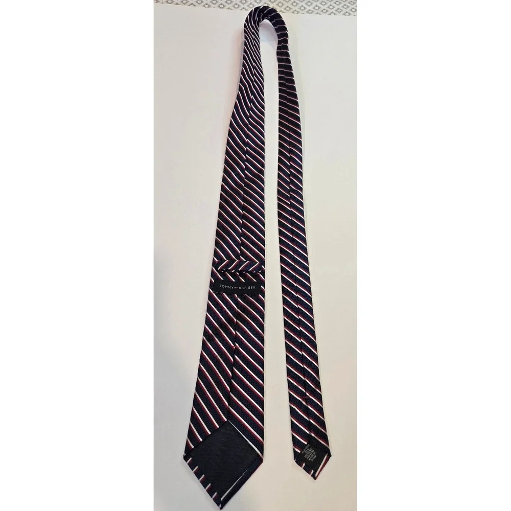 Tommy Hilfiger Navy Blue Red and White Striped Silk Tie